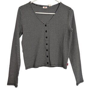 Levi Striped Button Up Slim Fit Size Medium Top NWT $35 V Neck Stretch Cropped
